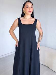Long, Flared Dress, 100% Cotton, With Pocket And Slit. - Black - View 4