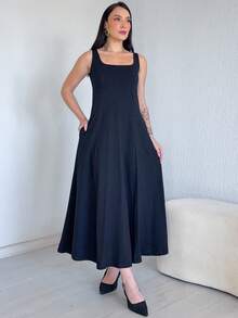 Long, Flared Dress, 100% Cotton, With Pocket And Slit. - Black - View 1