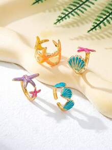 Bộ 4 chiếc nhẫn phong cách Bohemian lấy cảm hứng từ vỏ sò và sao biển, thích hợp cho kỳ nghỉ biển. - Vàng - Xem 2