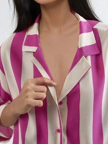 Relaxed Fit Striped Button-Down Shirt Carnation Pink - Hot Pink - View 7