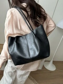 2个装女士纯色绗缝内衬手提包，时尚大容量单肩包，按扣闭合，休闲街头风，适合摄影、日常通勤。 - 黑色 - 查看 2