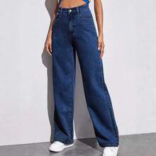 Jeans de cintura alta, corte holgado y pierna recta para mujer, estilo dulce y picante, talla grande, pantalones largos casua... - Negro - Ver 3
