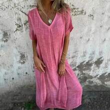 Vestido holgado de lino y algodón de estilo bohemio para mujer, traje largo, suave y transpirable, con cuello en V, Estilo Vintage, para playa, 2024 - Rosa - Ver 5