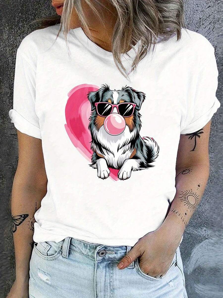 Australian Shepherd Dog With Heart Fashion Glasses Print T-Shirt, Short Sleeve Crew Neck Casual Top For Summer & Spring, Women's Clothing - trắng - Xem 1