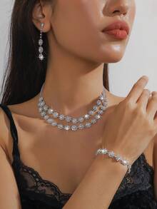 Bộ phụ kiện cưới 3 món: Dây chuyền đính kim cương hình hoa hướng dương hai lớp, bông tai và vòng tay. - Bạc - Xem 5