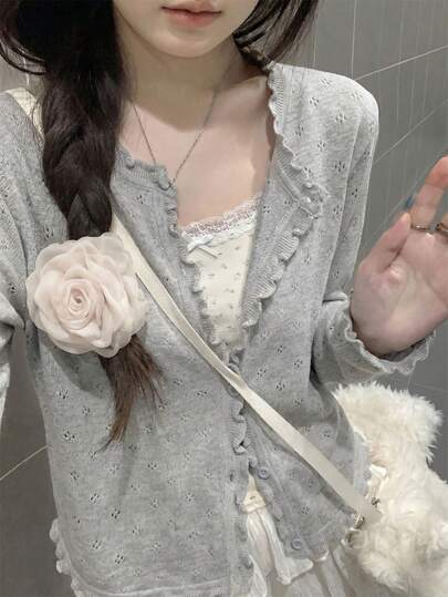 短袖开衫，轻薄镂空针织女式毛衣，休闲甜美风格，荷叶边装饰，春夏款