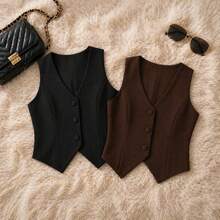 Women's Vest Set With Covered Buttons - Black and Brown - View 1