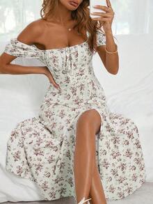 Vestido maxi de impresión floral con cuello cuadrado y abertura alta para vacaciones y playa para mujeres - Albaricoque - Ver 5