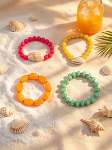 4pcs/Set Bohemian Style Colorful Beaded Elastic Bracelets, Summer Beach Style Resin Bead & Shell Pendant Bracelets, Boho Casual Stackable Bracelets For Women - Multicolor - View 6