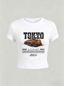 1 Stück Damen Sommer Figurbetontes T-Shirt mit Rundhalsausschnitt und Kurzarm, Grafik-Muster in japanischer Tuning-Autokultur, Y2K Crop Top, Jahrtausendstil Top geeignet für Strand, Straße, Alltag, Büro, Party, Ausflüge, Partyanlässe, Casual Weiß - Weiss - Übersicht 5