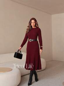 Women's Midi Dress In Mousse Knit, Long Sleeves With Braided Detail, Fitted Waist, Elegant, Winter, Premium, Casual, Party, Work, Travel - 勃根地 - 查看 8