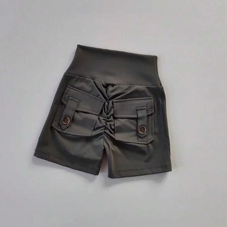 Pantalones cortos de cintura alta sin costuras para mujer, Pantalón deportivo ajustado con bolsillos para correr, entrenamiento, baile, levantamiento de cadera - Gris Oscuro - Ver 1