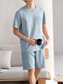 AICJ 2pcs Men's Solid Color Casual Loose Minimalist Pocket Round Neck Short Sleeve Plaid Shorts Pajama Set, Suitable For Spring & Summer - Baby Blue - View 4