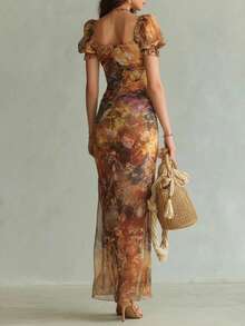 Vestido nuevo de escote en V con cintura ajustada y volante, de estilo elegante - Dorado - Ver 2