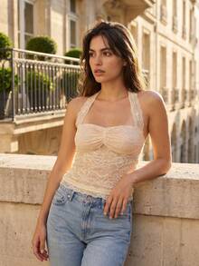 Women's Halter Crop Tops Stylish Solid Sheer Lace Floral Pattern Sleeveless Lace Tank Tops Perfect For Summer - Yellow - View 5