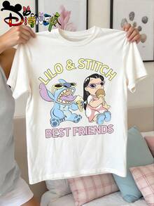 Disney Licensed Lilo & Stitch "Best Friends" Kids' T-Shirt, Cute Cartoon Casual Tee, Perfect For Daily Wear, School Activities, Family Outings And Theme Park Trips, Shipped From Local Warehouse - 白色 - 查看 2