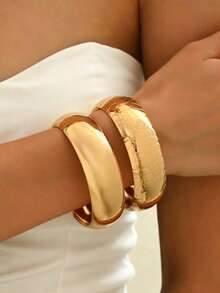 European And American Fashion Jewelry, Including 1 Geometric Beaded Bracelet And 1 Exaggerated Metal Snake Stripe Bracelet, Suitable For Women's Daily Outings, Parties And Gatherings - 2 Bracelets - View 2