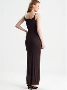 RoseArya Elegant Slit Detail Long Stretch Strap Dress - Brown - View 4