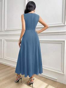 Vestido largo sin mangas de unicolor que ciñe la cintura para mujer - Azul 2 - Ver 5