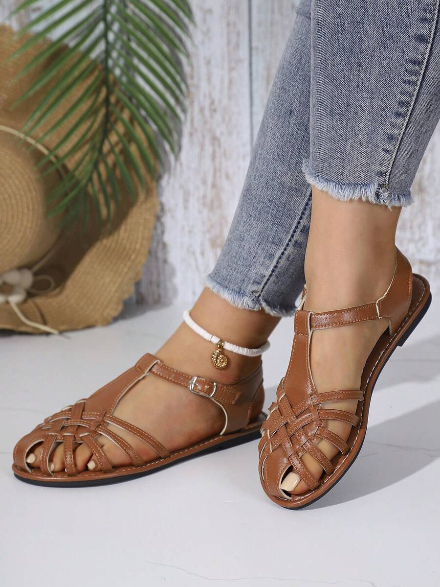 Dép lê đế bằng tuyệt đẹp dành cho nữ, dép xỏ ngón kín mũi mới cho mùa hè, dép kiểu lồng và dép La Mã đang thịnh hành. - màu nâu - Xem 1