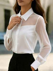 1 pieza Blusa elegante de mujer con parches de malla, adecuada para salidas diarias, ir al trabajo y atuendos de aeropuerto - Blanco - Ver 4