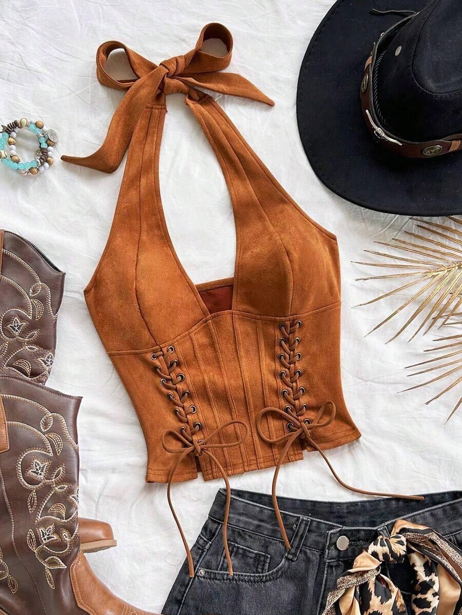 Nuevo chaleco de mujer con escote en V y cordones de ante desconstructurado, adecuado para vacaciones, citas, té de la tarde, vacaciones, festivales de música, estilo bohemio, cruceros, playa, Navidad, Año Nuevo, discoteca - Marrón - Ver 1
