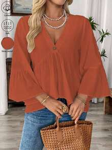 Hotletica Camisa casual de mujer con cuello en V y mangas con volantes en blanco - Naranja - Ver 4