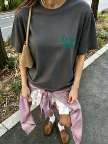 T-shirt blanc à manches courtes et col rond pour femmes avec imprimé de lettres françaises vertes, style de rue décontracté d'été, coupe ample et confortable pour un port quotidien - Gris foncé - Voir 7