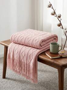 1pc Wavy Pattern Blanket, Nordic Style Acrylic Rectangular Tassel Solid Color Sofa Cover Blanket, Bedding Decor Throw Rug, Nap Blanket, Knitted Blanket - Vertical Diamond-shaped Powder - View 4