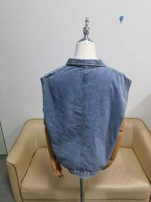 Áo khoác denim nữ, kiểu dáng thời trang, áo khoác không tay dáng rộng cho mùa thu. - Màu xanh lam - Xem 7