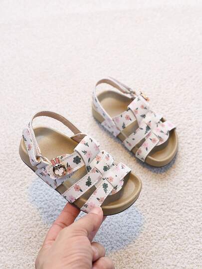 1 Pair Girls' Floral Woven Strap Sandals With Metal Rabbit Head Decor, Soft Sole Anti-Slip Toddler Walking Shoes, Versatile Summer Beach Shoes For Infants & Toddlers
