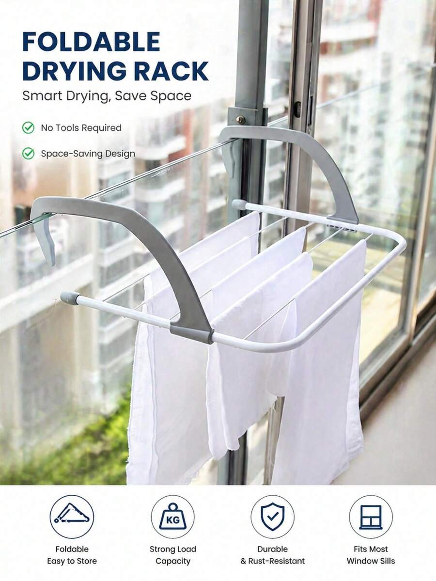 1pc Foldable & Adjustable Gray & White Minimalist Iron Clothes Drying Rack, Retractable Hanging Structure, Multifunctional For Towels, Clothes And Plants, Suitable For Radiators, Balcony And Window Sill