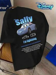 Disney Cars Sally Graphic T-Shirt, Classic Short-Sleeved Crew Neck T-Shirt With A Cute Sally Car And Lightning McQueen Print, Soft, Breathable 100% Cotton Top For Everyday Wear, Inspired By The Disney Cars Animated Series, Perfect Gift For Disney Fans, Simple Basic T-Shirt For Men And Women, Great Gift For Birthdays, Christmas, Halloween And Other Holidays, Suitable For Home, Outings, School And Daily Commute, Fashionable Casual T-Shirt With A Cute Cartoon Print - 黑色 - 查看 2
