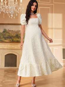 Vestido elegante de maternidad con cuello cuadrado, mangas abullonadas y estampado floral jacquard - Albaricoque - Ver 3