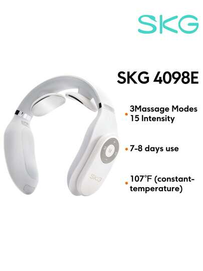  SKG 4098E - 智能颈部按摩器，带加热功能，缓解疼痛，电动脉冲颈椎按摩器，带遥控器，3种模式15种强度，无线智能颈部放松器，适用于办公桌工作、长途驾驶、旅行、居家放松，男女皆宜的生日礼物