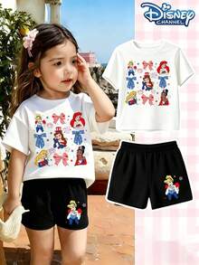 Disney Princess Toddler Girls 2 Piece Outfit, Cinderella Ariel Belle Patriotic Print T-Shirt & Shorts Set, Summer Casual Wear For 6M-3Y, Express Delivery - Áo sơ mi trắng và quần đen - Xem 1