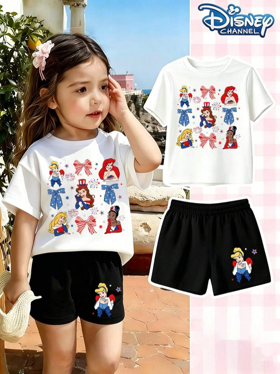 Disney Princess Toddler Girls 2 Piece Outfit, Cinderella Ariel Belle Patriotic Print T-Shirt & Shorts Set, Summer Casual Wear For 6M-3Y, Express Delivery - Áo sơ mi trắng và quần đen - Xem 1