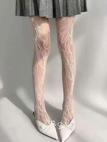 New Vintage French Floral Jacquard Fishnet Stockings, Niche Women's High Elasticity Vertical Striped Pantyhose - Multicolor - View 9