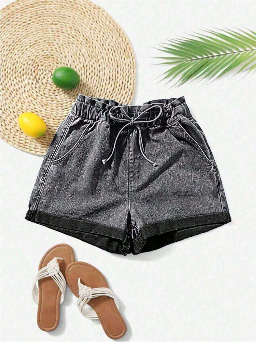 Shorts en mezclilla de cintura con volante bajo de doblez - Gris - Ver 1