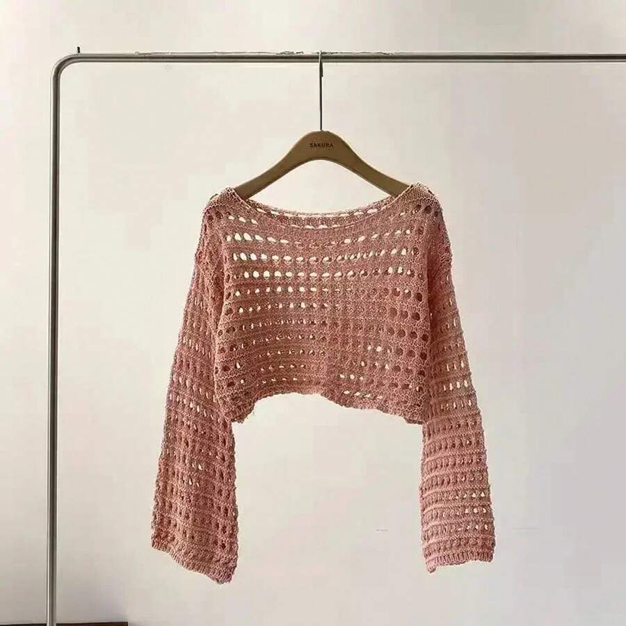 Verano 2026 Bikini de playa cubrir Jersey corto de manga larga de punto de ganchillo Top de punto de lana blusa mujer vacaciones traje bohemio - Rosa - Ver 1