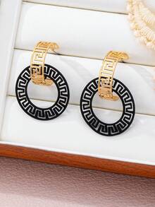 Nuevo conjunto de pendientes de estilo retro francés con diseño geométrico hueco personalizado y de moda - Negro y oro - Ver 4