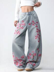 1 chiếc quần jeans ống rộng thoải mái, phong cách đường phố Mỹ, thêu họa tiết dành cho nữ, đa năng cho mọi mùa (Không bao gồm thắt lưng/phụ kiện) - Rửa nhẹ - Xem 6