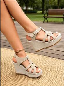 New Summer Platform Wedge Sandals, Thick Sole Waterproof Elevated Slimming Shoes - Apricot - View 3