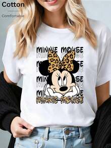 Disney (Loose Version)Comfortable Minnie Mouse Leopard Bow Print Cotton Short Sleeve T-Shirt For Women Short-Sleeved Round Neck Casual Shirt Necessary In Summer, Suitable For Summer And Spring, Holiday Gift Party Clothing, Ladies' Clothing.--Disneys Disneyland Paris The Magic Kingdom Disneyesque B6Holiday Gifts Valentine's Day Gifts Earth Day Gifts Oktoberfest Gifts Summer Bank Holiday Gifts - trắng - Xem 1