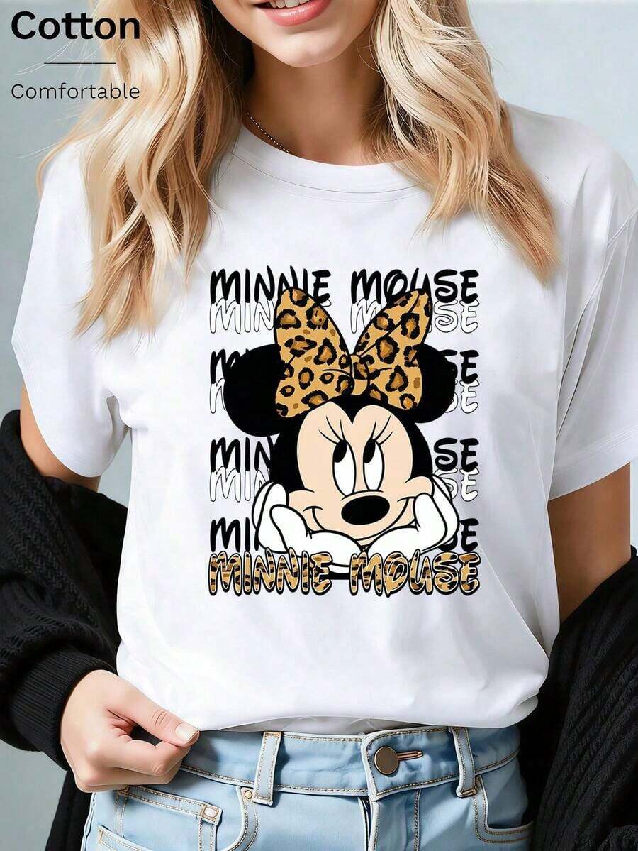 Disney (Loose Version)Comfortable Minnie Mouse Leopard Bow Print Cotton Short Sleeve T-Shirt For Women Short-Sleeved Round Neck Casual Shirt Necessary In Summer, Suitable For Summer And Spring, Holiday Gift Party Clothing, Ladies' Clothing.--Disneys Disneyland Paris The Magic Kingdom Disneyesque B6Holiday Gifts Valentine's Day Gifts Earth Day Gifts Oktoberfest Gifts Summer Bank Holiday Gifts - trắng - Xem 1