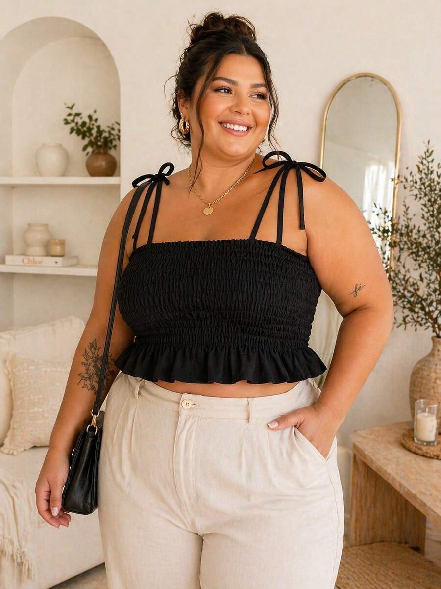 Blusa xadrez Feminina Cropped Plus Size Lastex Alcinha Regulável Blusinha festa junina - Preto - Visão 1