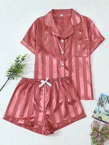 2pcs/Set Women's Spring/Summer Satin Striped Pajama Set, Short Sleeve Top And Bow Shorts - Red - View 5