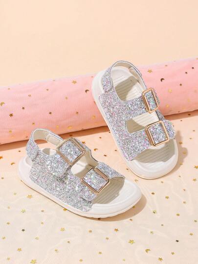 1 Pair Boys' New Blue Ocean PU Stitched Sequin Double Hook And Loop Design Soft Sole Fashionable Beach/Casual Sandals For Girls, Suitable For Summer