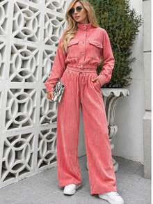 Women's Corduroy Long Sleeve Two-Piece Set, Elegant Casual Aerolook, Perfect Fit, Jacket With Buttons And Functional Pockets, Sizes M And L, Premium Quality, Various Colors Available, Autumn/Winter Season, Warm - 珊瑚粉 - 查看 3