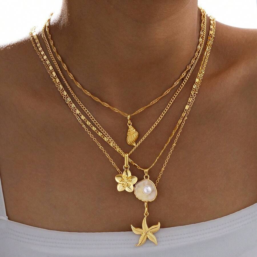 Bộ 4 dây chuyền hình vỏ sò và sao biển giả phong cách Bohemian, trang sức thời trang mùa hè, thích hợp làm quà tặng. - Vàng - Xem 1